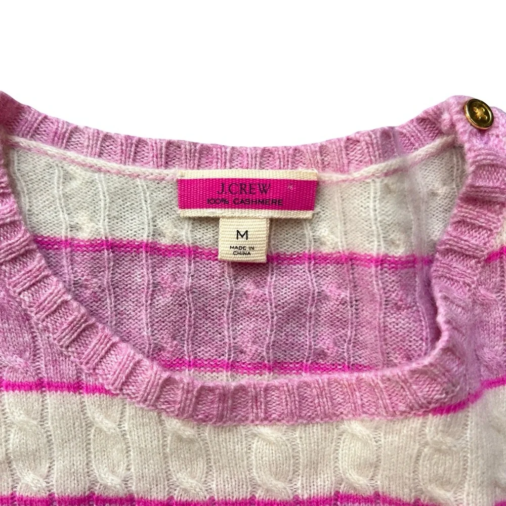J.Crew Cable-knit Cashmere Crewneck Sweater Pink White Stripe Shoulder Buttons M - Picture 4 of 8
